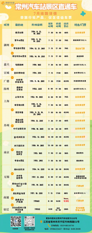 常州汽車站景區(qū)直通車7月線路上新